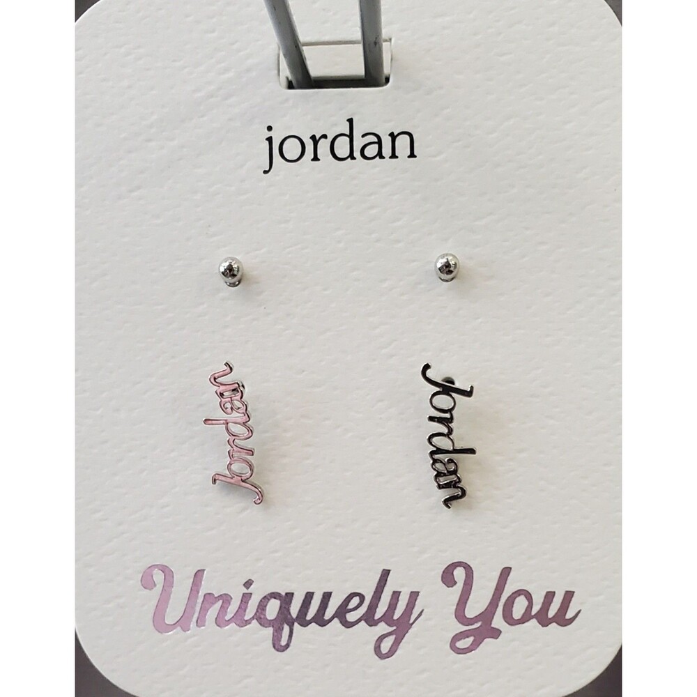 NEW 'JORDAN' Personalized Name Earrings + 1 Pair Studs Silver Tone Uniquely You